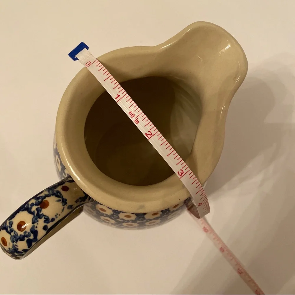 POLISH POTTERY VINTAGE PITCHER BLUE WHITE POLAND HANDMADE HOME DINING SERVEWARE